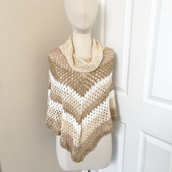 NWT Poncho Crochet Beige Tan Ivory Y2K 2000s Cowl Open Knit Linen Hippie Boho - Picture 1 of 3